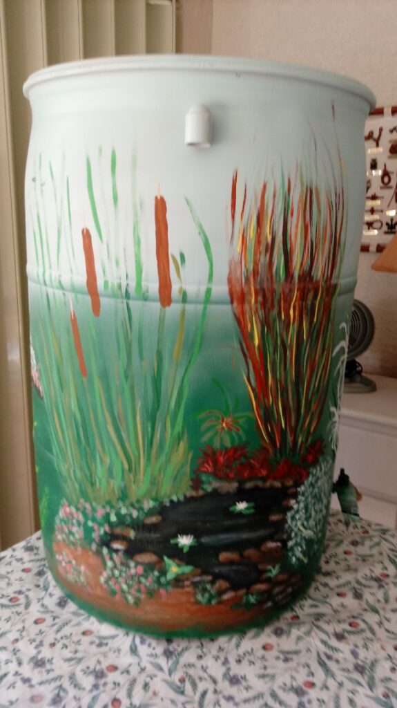 Painted rain barrel