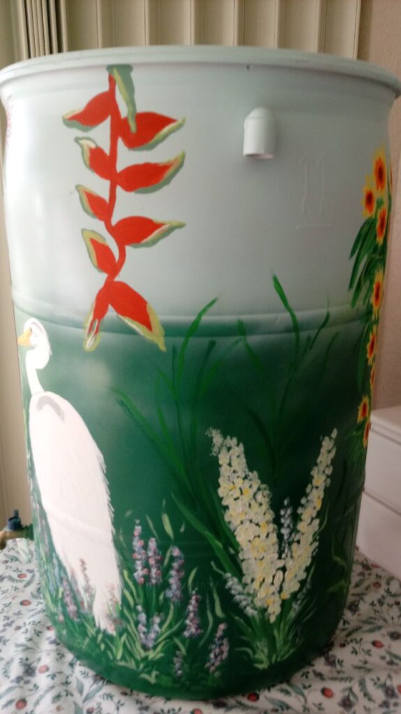 Painted rain barrel