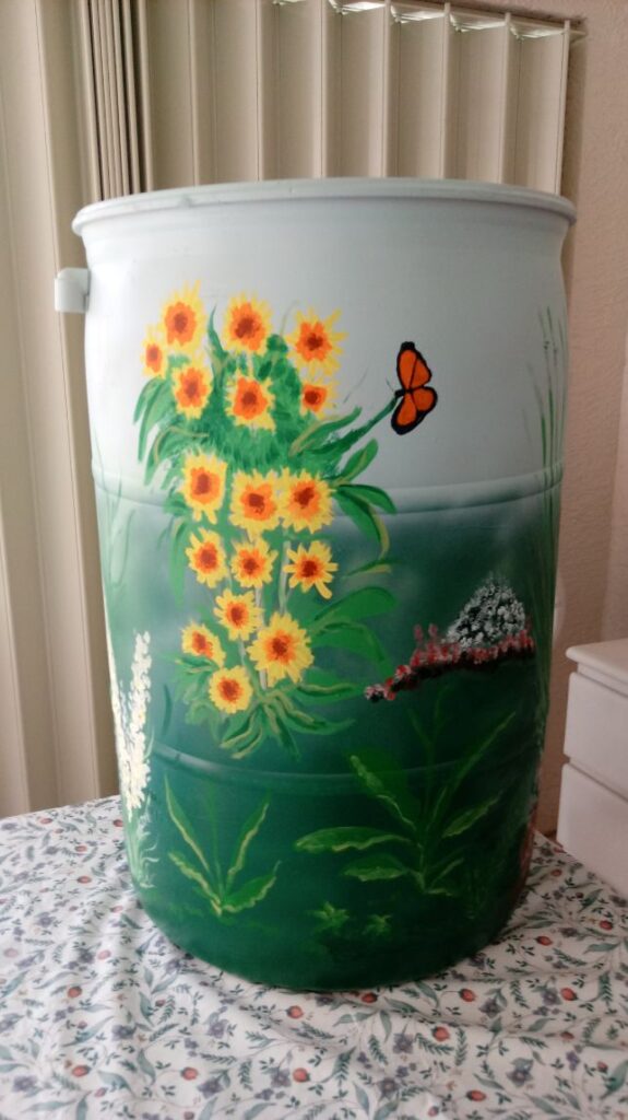 Painted rain barrel