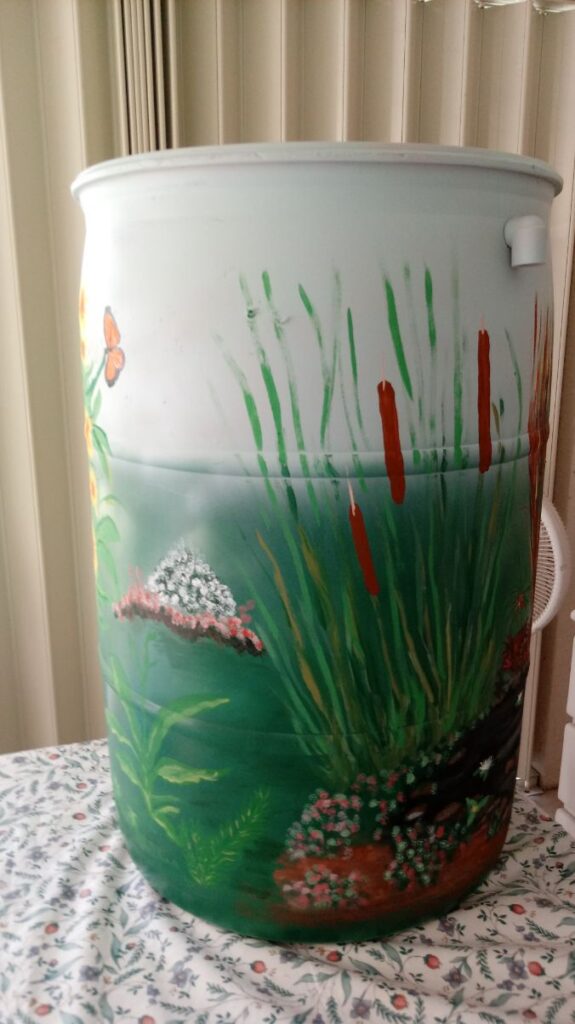 Painted rain barrel