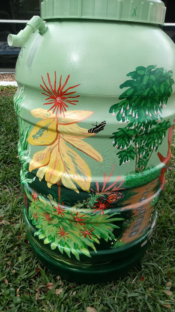 Hand painted rain barrel for the Garden Club of Cape Coral March in the Park plant sale