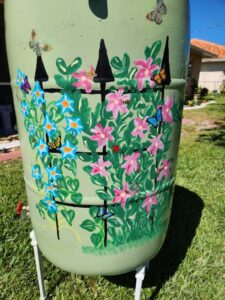 Hand Painted Rain Barrel for Garden Club of Cape Coral March in the Park Plant Sale and Art Expo 2023